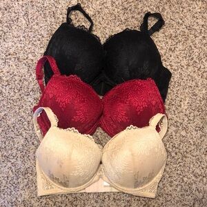36D push-up underwire lace bra set of three fuchsia black and tan brand unknown